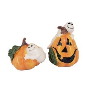 Halloween Ghost & Pumpkin Salt Pepper Shakers Blue Sky Clayworks Hocus Pocus New